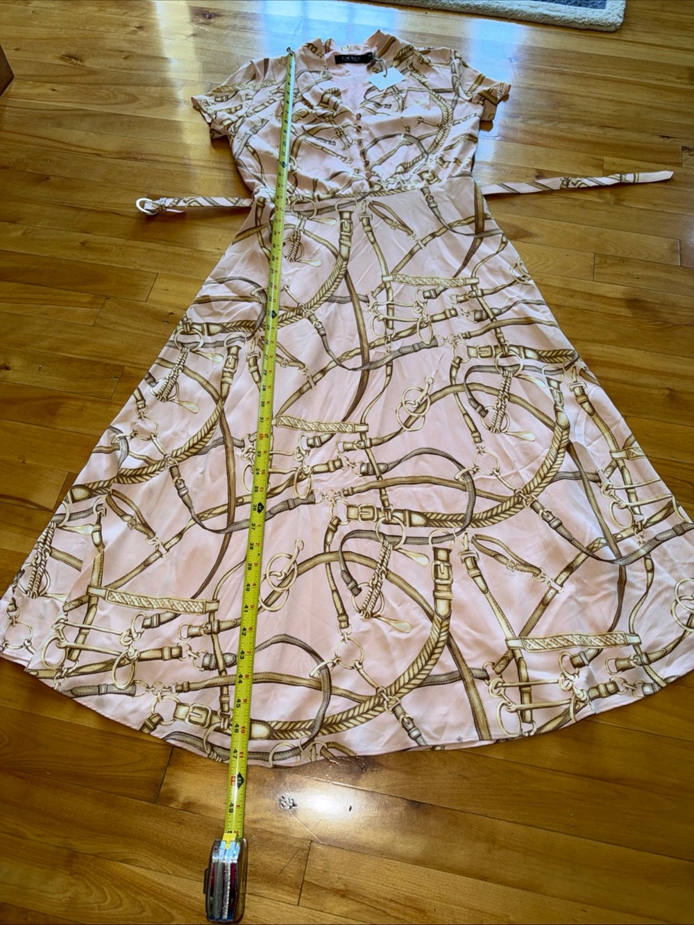 Lauren Ralph Lauren Dress Womens 2 Pink Equestrian Belt Print Midi Crepe Belted - Picture 9 of 11